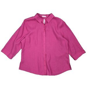 Chicos No Iron 100% Linen Button Up Top 3/4 Sleeve Pink 2 L Preppy Resort Travel
